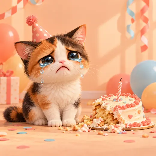 Calico cat in a party hat crying beside a collapsed birthday cake