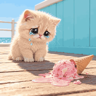 Animated loop of a cream kitten crying beside dropped ice cream