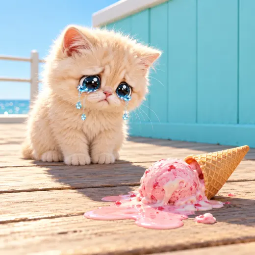 Tiny cream kitten crying beside a fallen strawberry ice cream cone