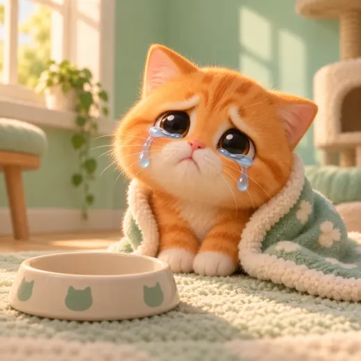 Orange cat in a mint blanket crying beside an empty food bowl