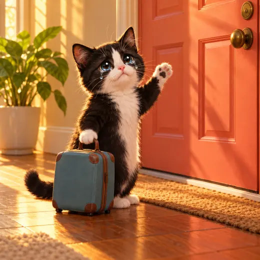 Tuxedo kitten crying and waving beside a small suitcase at the front door