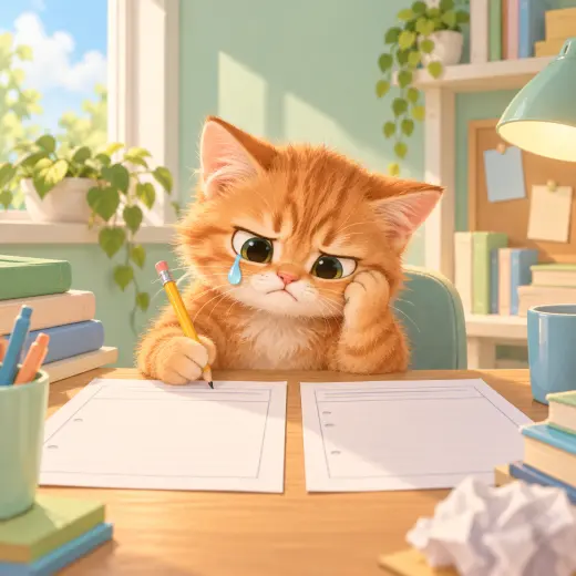 Ginger kitten holding a pencil and crying over blank homework sheets