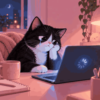 Animated loop of a tuxedo cat crying while a laptop loads