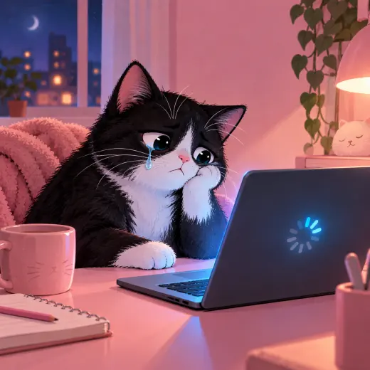 Black and white cat crying at a laptop with a loading spinner on screen