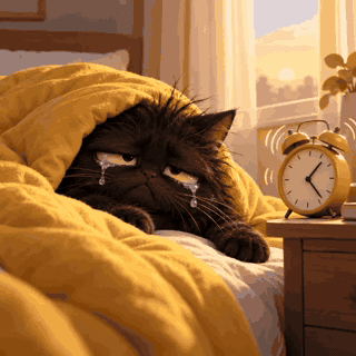 Animated loop of a sleepy black cat crying beside an alarm clock