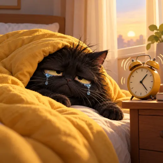 Sleepy black cat crying under a yellow blanket beside a ringing alarm clock