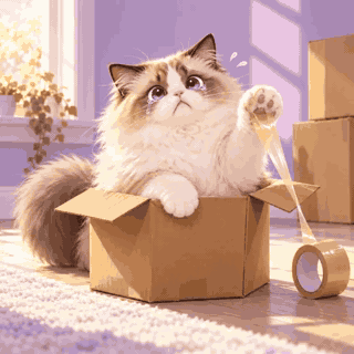 Animated loop of a fluffy cat crying inside a moving box