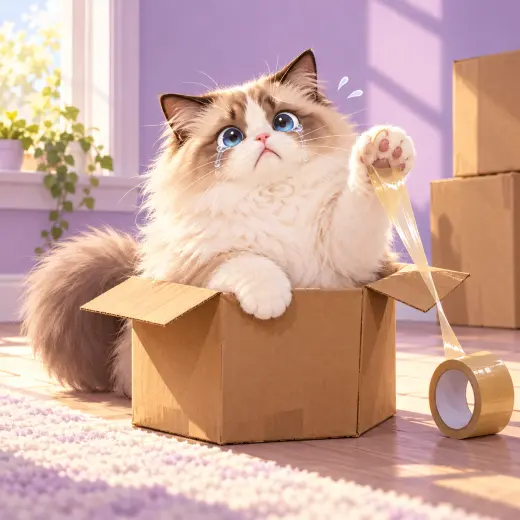 Fluffy ragdoll cat crying inside a cardboard moving box with packing tape
