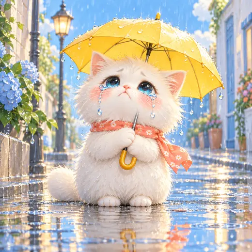 Fluffy white cat crying in the rain under a small yellow umbrella