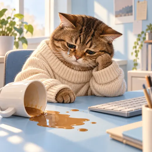 Tired brown tabby cat crying over a spilled coffee at an office desk