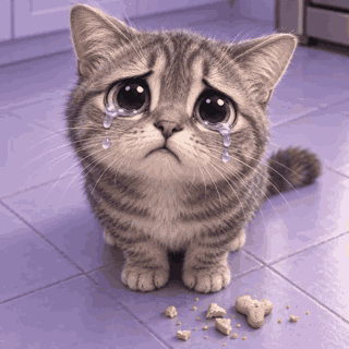 Animated loop of a gray tabby cat with glossy tears