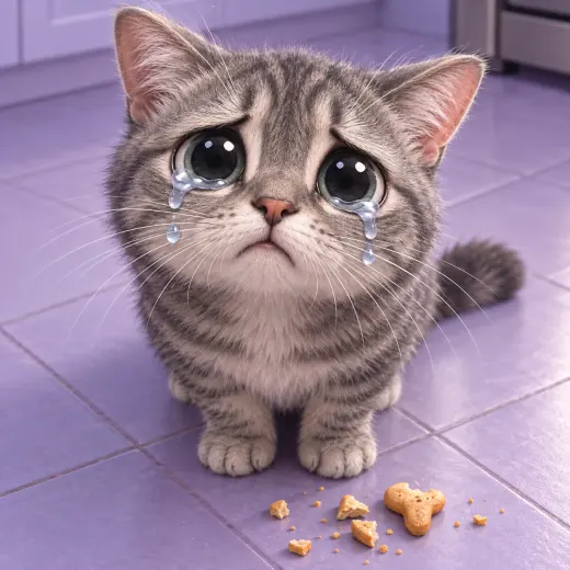 Gray tabby cat with large glossy tears looking up beside broken cat treats