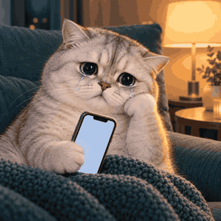 Animated loop of a silver cat crying while holding a phone