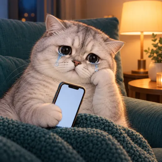 Silver cat holding a phone and crying while waiting for a reply